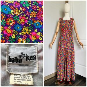 VTG Baba Kea Honolulu Hawaiian Psychedelic Barkcloth Maxi Dress Floral Mod XS/S?